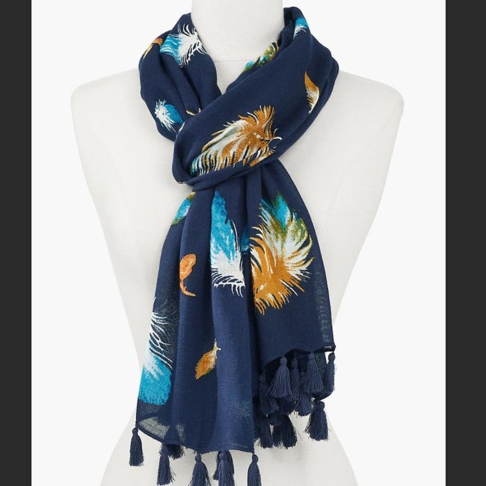 Talbots Navy Scarf with Scattered Feathers